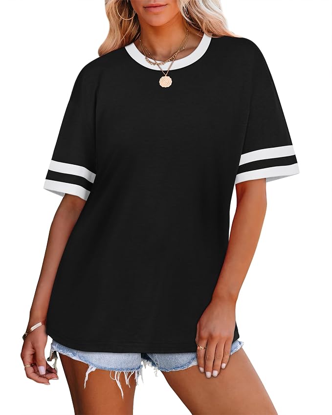WIHOLL Womens T Shirts Loose Fit Short Sleeve Tees Crew Neck Color Block Summer Tops 2026 Fashion