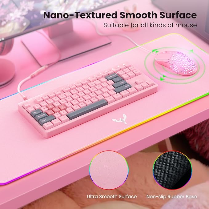 BladeHawks RGB Gaming Mouse Pad Extra Large Extended 31.5x12 Inch-Pink | LED mouse pad with 14 lighting modes, covers keyboard & mouse, anti-slip rubber base, waterproof surface, USB powered