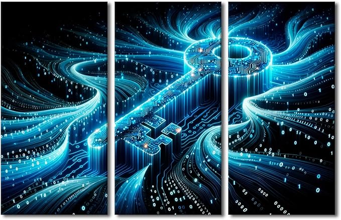TUMOVO 3 Piece Canvas Wall Art Abstract Cyber Security Concept with Key and Binary Code Posters and Prints, Concepts Artwork for Living Room Wall Decoration, Ready to Hang, 60" Wx40 H