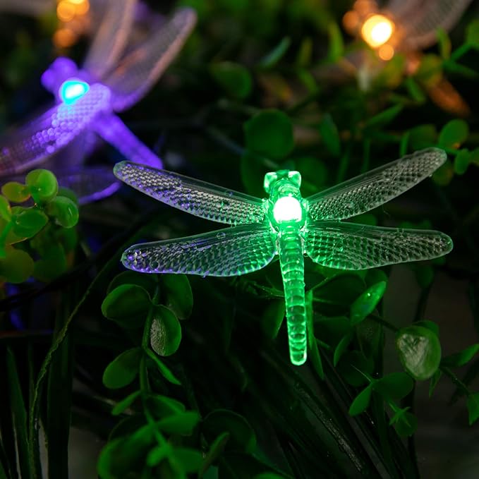 Dragonfly Solar String Lights Outdoor 25.6FT 30 LED Waterproof Solar Powered Fairy Lights, 8 Modes Decorative Lights for Patio Garden Yard Fence Wedding Christmas Party, Multicolor