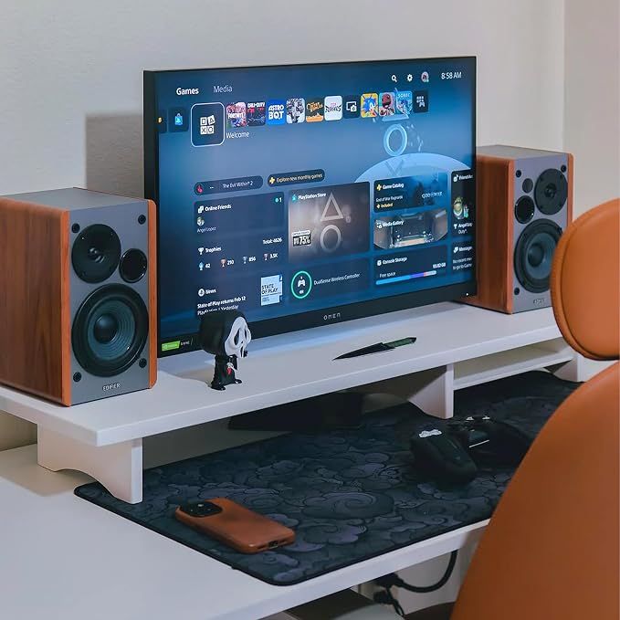 Bamboo Dual Monitor Stand Riser White, 2-Tier Desk Monitor Riser for 2 Monitors, Supports for PC Computer Monitor, Printer, Heavy TV Riser up to 300 lbs, White
