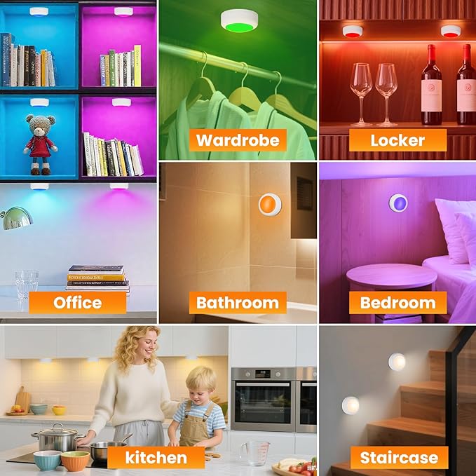 LED Puck Lights with Remote Control, 16 Color Changing Under Cabinet Lighting with Dimmer & Timer, AAA Battery Operated,Under for Closet Bedroom Kitchen, Stair (6 Pack White)