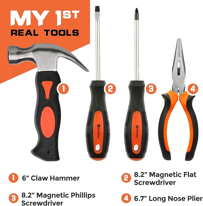 INCLY 18PCS Kids Tool Set with Reinforced Belt, Adjustable Waist 20"-32", Boys Real Hand Tools Kit Children Construction Learning Tools Hammer Screwdriver for Home DIY Building & Woodworking