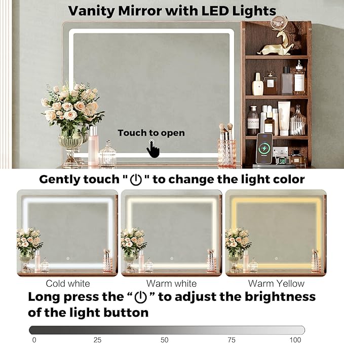 47“Makeup Vanity Desk with Mirror and Lights, Vanity Desk with 7 Drawers & Storage Shelves, Vanity Table with Power Outlet, 3 Color Modes & Adjustable Brightness Dressing Table, Bedroom,Brown