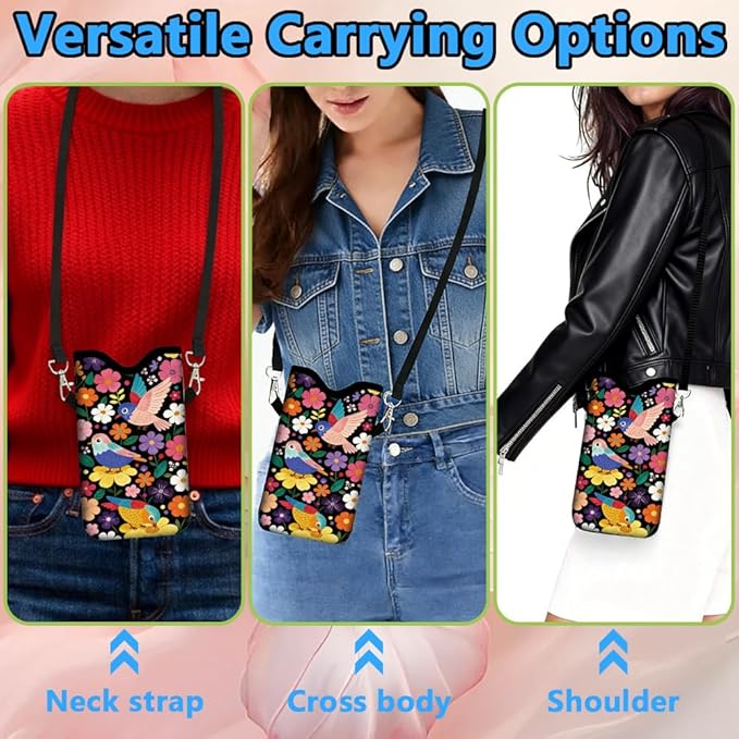 Floral Phone Pouch Phone Crossbody Sleeve Birds Colorful Nylon Neoprene Waterproof Cellphone Bag Case with Strap Neck Lanyard Protective Carrying Cover Fits Most Smartphones 7.1 x 3.9 Inch