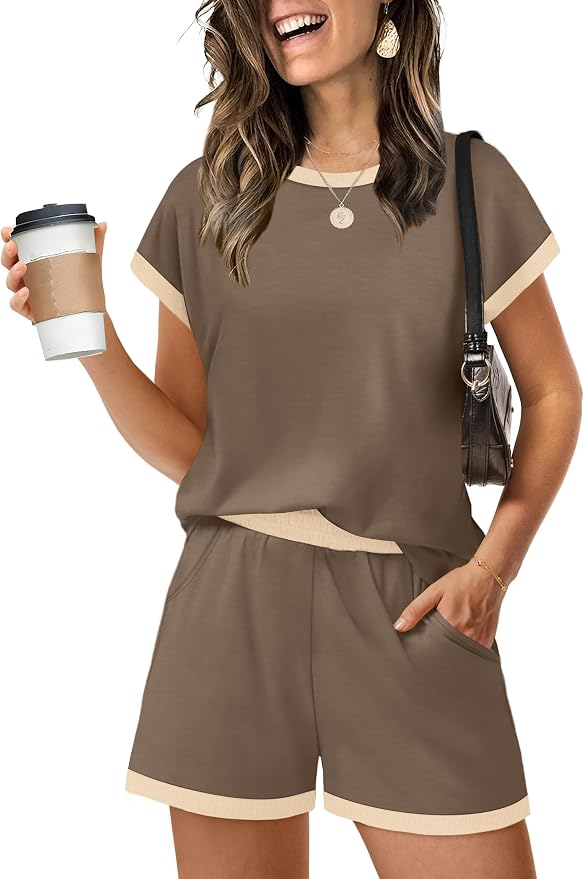 WIHOLL Two Piece Sets for Women Summer Lounge Short Sets Cap Sleeve Crew Neck Sweatsuit with Pocket XS-2XL