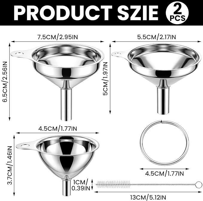 Mifoci 6 Pcs Stainless Steel Kitchen Funnels Set 3 Sizes Mini Food Grade Metal Funnels for Liquids, Oils, Powders & Spices Includes 2 Cleaning Brushes and Hanging Rings for Easy Storage