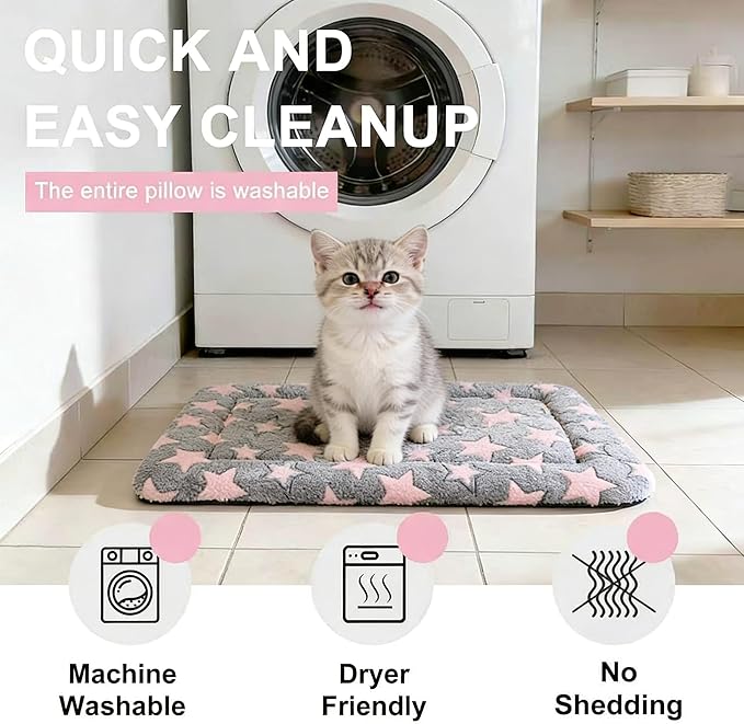 Dog Bed Mat - Reversible Dog Crate Bed Mats, Soft & Breathable Kennel Pad, Durable Crate Bed for Small Dogs & Cats (Pink&Gray Stars, XS(18"*14"*1.5"))