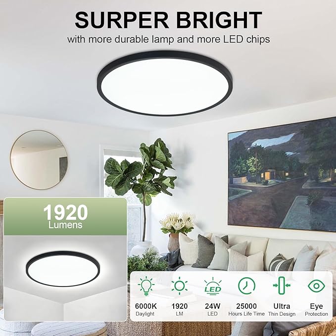 LED Flush Mount Ceiling Light: 12 inch 1Pack Super Slim Dimmable & 5CCT (2700-6500K) Kitchen Lighting Fixtures Ceiling - 24W Black Low Profile Ceiling Lamp for Bedroom Garage Hallway