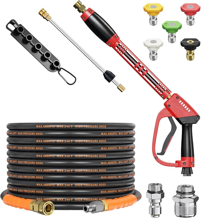 Pressure Washer Gun and Hose Kit, 4800PSI Flexible & Kink-Resistant - Steel Braided & Durable High Power Washer Hose 25 FT with 3/8" Swivel Quick Connector and M22 14mm Adapters & 5 Nozzles