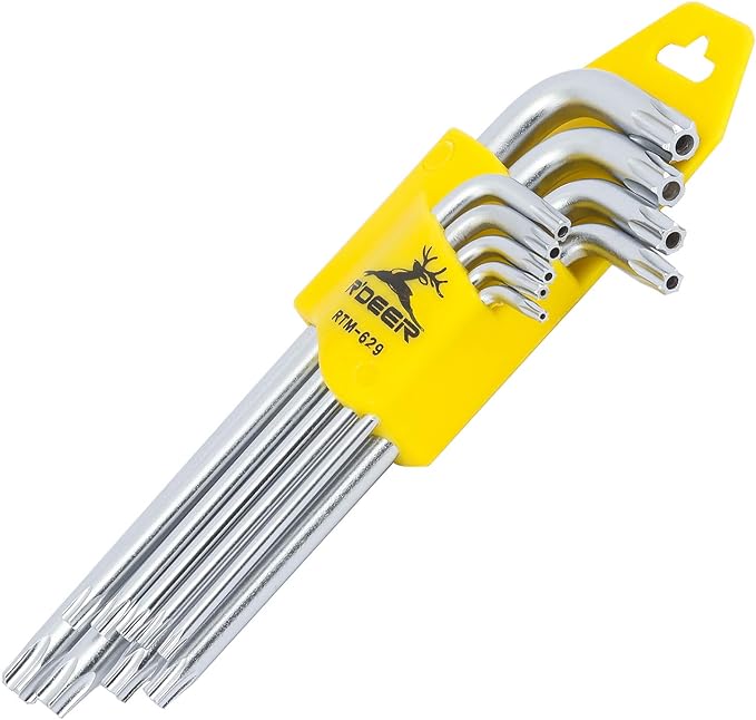 R'DEER 9 Piece Long Arm Torx Hex Key Set Industrial Level Anti Tamper Proof Star Allen Wrench Kit L-wrench Hand Tool (Sizes T10-T50)
