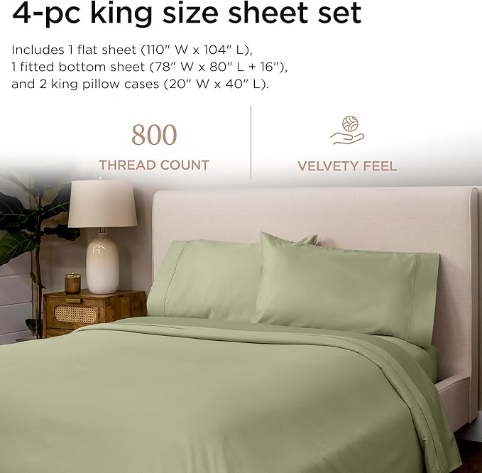 Threadmill Luxury 800 Thread Count King 100% Cotton Sheets - Sage Green Sateen Weave Bed-Sheets, Better Than Egyptian Cotton, 4 Pc Solid Soft Bed Set, Fits 16" Deep Pocket