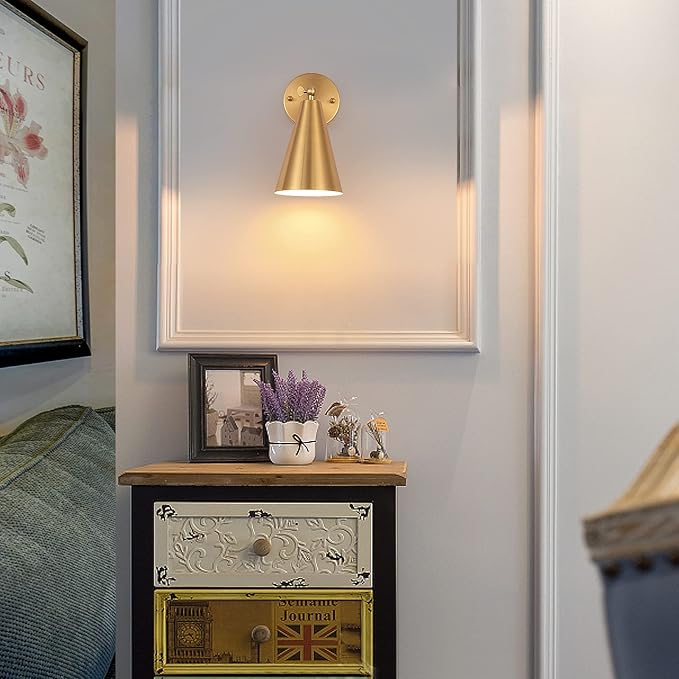 MWZ Gold Sconces Set of 2, Modern Brass Wall Sconces Lighting Fixtures with Metal Shade, Indoor Decor Wall Mount Swing Arm Lamp for Bedroom,Bedside,Kitchen,Hallway,Living Room,Reading,Bar