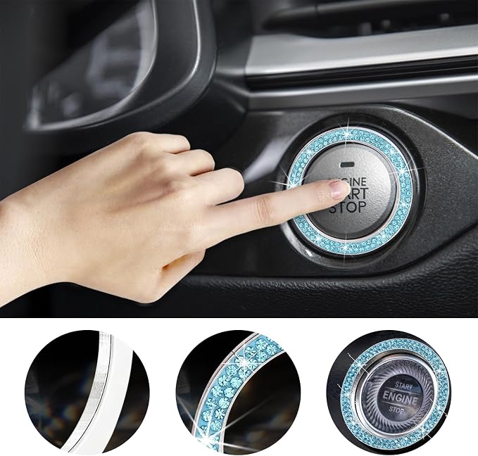 Kewucn Bling Crystal Double Rhinestone Car Engine Start Decoration Ring, Sparkling Push Start Button Sticker, Key Ignition & Knob Ring Decoration, Bling Car Interior Accessory (Lake Blue)