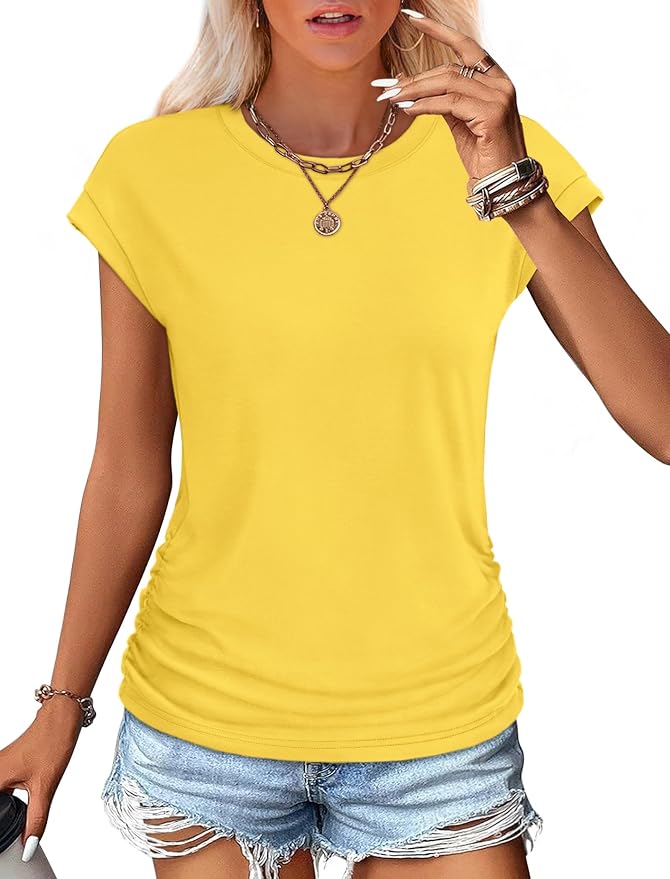 Sampeel Womens Summer Tops Trendy 2026 Ruched Cap Short Sleeve Tshirts Shirts Crew Neck T Shirts Fashion