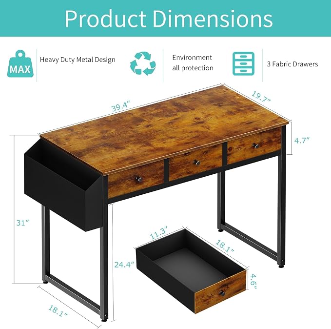 Lufeiya 40 Inch Desk with Drawers for Bedroom - 39 Inch Home Office Desks with 3 Fabric Storage Drawer and Pocket, Study Writing Table Rustic Computer Desk, Vintage Brown