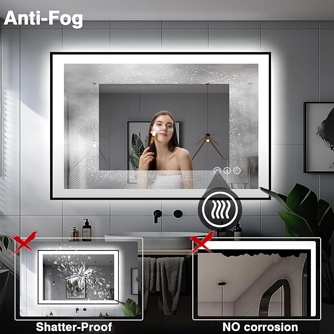 44x32 Bathroom Mirror with LED Lights - Black Framed, Front and Backlit Mirror, Anti-Fog LED Vanity Mirror, 3 Colors and Dimmable Mirror, Waterproof, Corrosion Proof (Horizontal/Vertical)