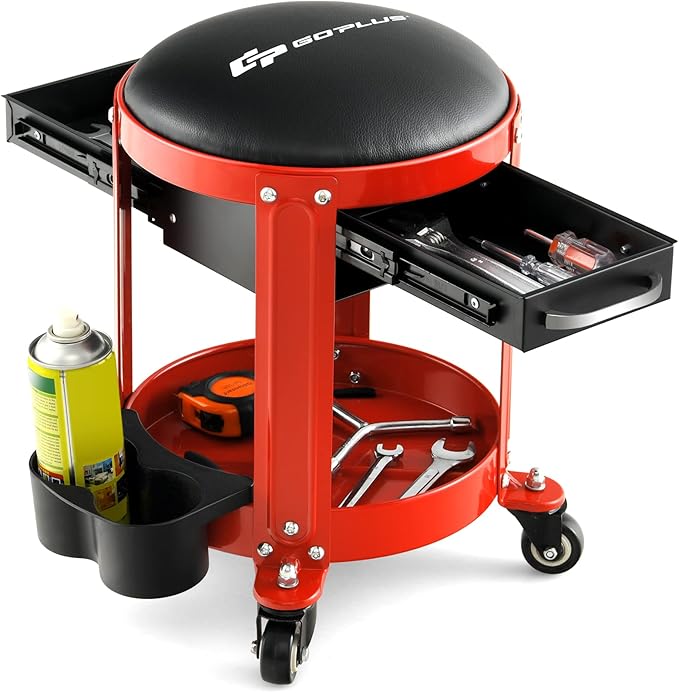 Goplus Rolling Mechanic Stool, Shop Stool Creeper Seat with Removable Padded Seat, 2 Drawers, Tool Tray, Twin Can Holder, Universal Wheels, Round Garage Workshop Chair, 330 Lbs Max Capacity (Red)