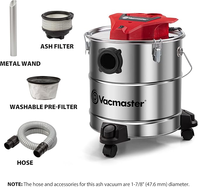 Vacmaster Vac EAV508S 1102 5-Gallon 3.5 Peak HP Premium Stainless Steel Ash Vacuum, Red Edition