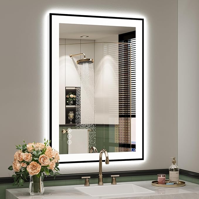 24x36 Inch LED Bathroom Mirror with Lights (Front Lit and Backlit) Black Framed Lighted Vanity Mirror for Bathroom Wall Dimmable Anti-Fog Memory Tempered Glass Horizontal/Vertical