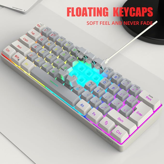 Snpurdiri 60% Wired Gaming Keyboard, 61 Keys RGB (White-Grey) | Small Ultra-Compact Backlit 60 Percent Gaming Keyboard for PC/Mac Gamer, Typist, Travel, Easy to Carry on Business Trip