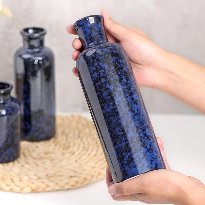 Small Blue Ceramic Vase Set of 3, Boho Modern Flower Vase Room Decor, Farmhouse Decor, Vases for Your Kitchen, Bathroom, Bedroom, Living Room, Office&Shelf Centerpiece Table Decorations