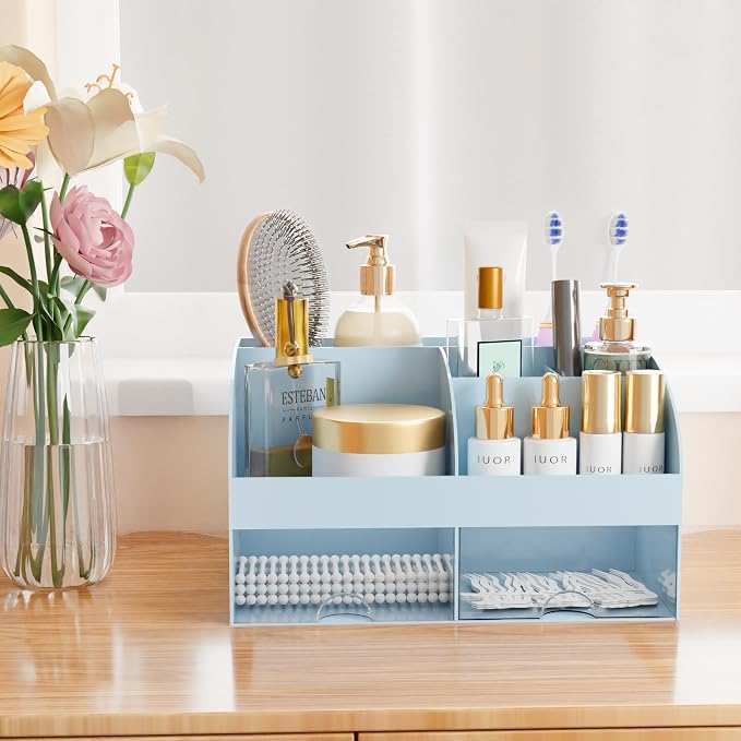 Makeup Organizer with Drawers, Cosmetic Storage for Dresser Vanity and Bathroom Countertop, Beauty Holder for Lipstick Brush, Skincare Organizer for Vanity, Cosmetic Display Case (Blue)