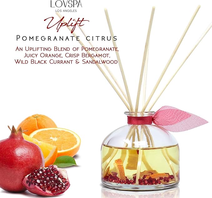 LOVSPA Reed Diffuser Set, Uplift Pomegranate Citrus Scented Oil Diffuser with Sticks, Home Fragrance Accessories for Bathroom Shelf Decor, Aroma Diffusers for Home or Office Desk, USA Made