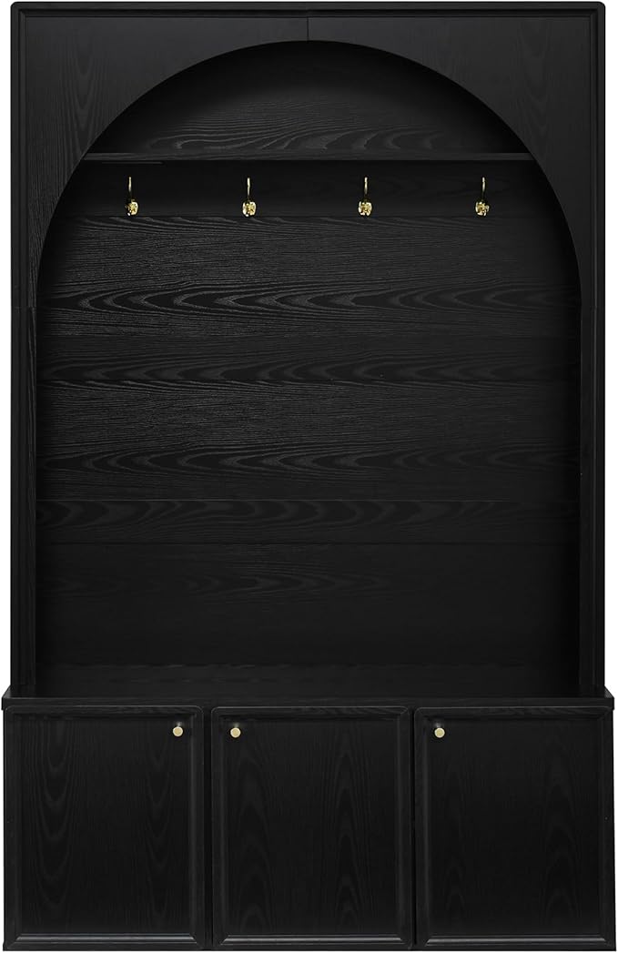 LUMISOL Farmhouse Hall Tree with Storage Bench, Arched Coat Rack with 4 Golden Hooks, Entryway Bench with 3 Cabinets and Adjustable Shelves for Mudroom, Retro Hall Cabinet for Living Room, Black