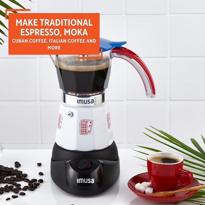 Imusa Special Edition Electric Cuba/Domino themed Espresso Maker, 3 or 6 Cups, White, Red, Blue | Brews 3 or 6 Cups, Ideal for Entertaining and Office