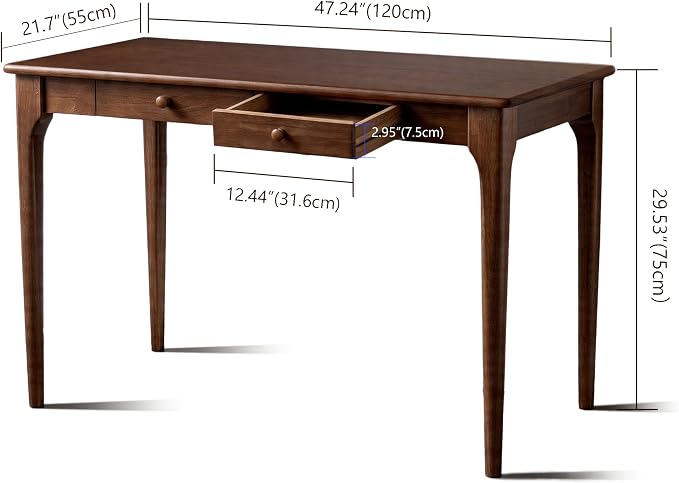 47" Walnut Solid Wood Desk with Drawers,Mid Century Modern Natural Real Wood Writing Desk,Home Bedroom Small Spaces Computer Office Workstation Desks
