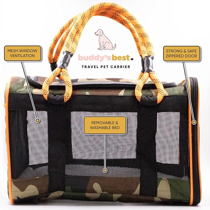 Buddy's Best Airline Approved Pet Carrier – White & Pink Heavy Duty, Fits Under Seat, TSA Compliant, Ventilated Mesh Design w/Waterproof Base & Reflective Safety Strips