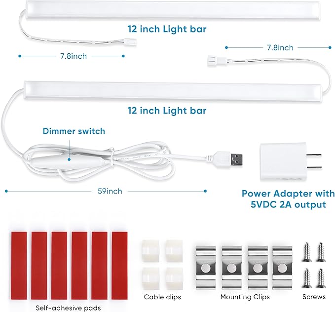Litever Plug Under Cabinet Light Kit with Power Adapter, Dimmer, 2 pcs 12 Inch USB LED Light Bars. Dimmable Linkable for Kitchen Counter, Workbench, Coffee Station, Workspace, Closet. Daylight 5000K