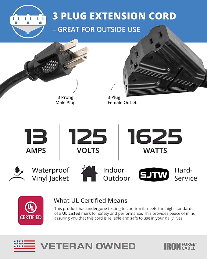 Iron Forge Cable 2 Pack 15 Ft Black Extension Cord with 3 Outlets - 16/3 SJTW 15 Foot Extension Cord 3 Prong, Weatherproof Power Cable for Outdoor