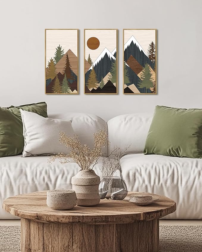 KUVIOKE Wooden Mountains Range Landscape Wall Art Framed Tree Nature Wall Decor Farmhouse Rustic Prints Kitchen Living Room Ready to Hang 8x16in3pcs Natural Framed