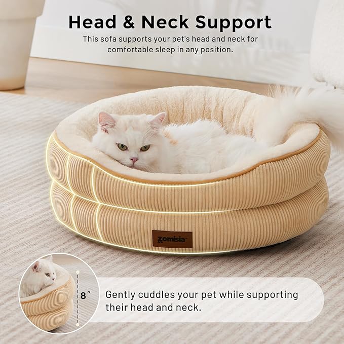 Heated Cat Bed Indoor - Adiustable Temperature Pet Heating Bed with Timer and Chew Resistant Cord, Washable Puppy Bed with Non-Slip Bottom, 21" x 21" x 8", Khaki