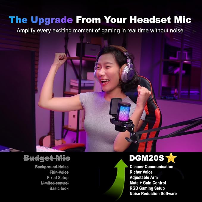 MAONO DGM20S Gaming Microphone for PC with Clear Voice & Noise Reduction | RGB Lighting, Tap-to-mute, Gain Control, Headphone Monitoring and Boom Arm for Discord Gaming, Streaming, Content Creation