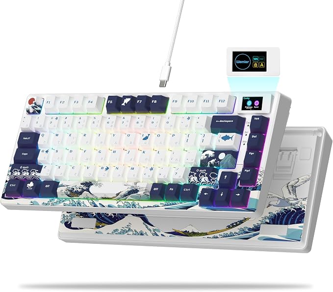 Womier SK80 75% Keyboard with Color Multimedia Display Gaming Keyboard | Creamy Sound Mechanical Wired Hot Swappable Gasket RGB Custom Key board, Pre-lubed Stabilizer for Mac/Win, White Kanagawa