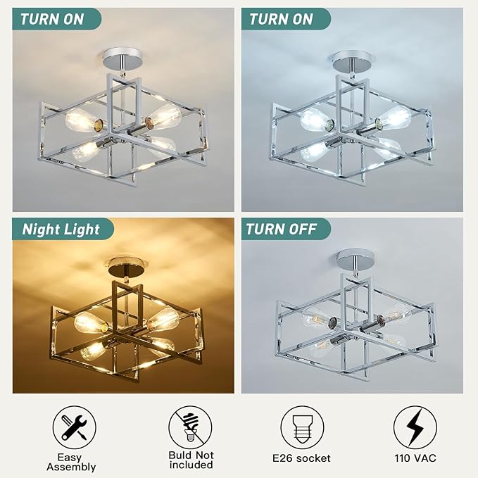 ZGLAOJT 4-Lights Ceiling Light Chrome Light Fixture Industrial Flush Mount Ceiling Light Farmhouse Chandelier Lighting for Kitchen Island Dining Room Bedroom Foyer Hallway.