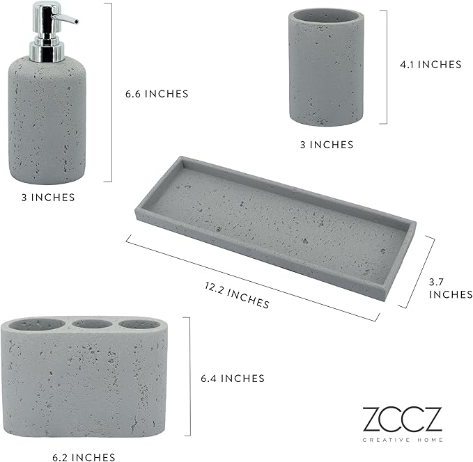 ZCCZ -Beige Bathroom Accessories Set 4 Pcs - Toothbrush Holder, Soap Dispenser, Vanity Tray, Bathroom Tumbler - Countertop Vanity Organizer - Bathroom Accessory Set- Toothbrush Holder Set, Stone Sets