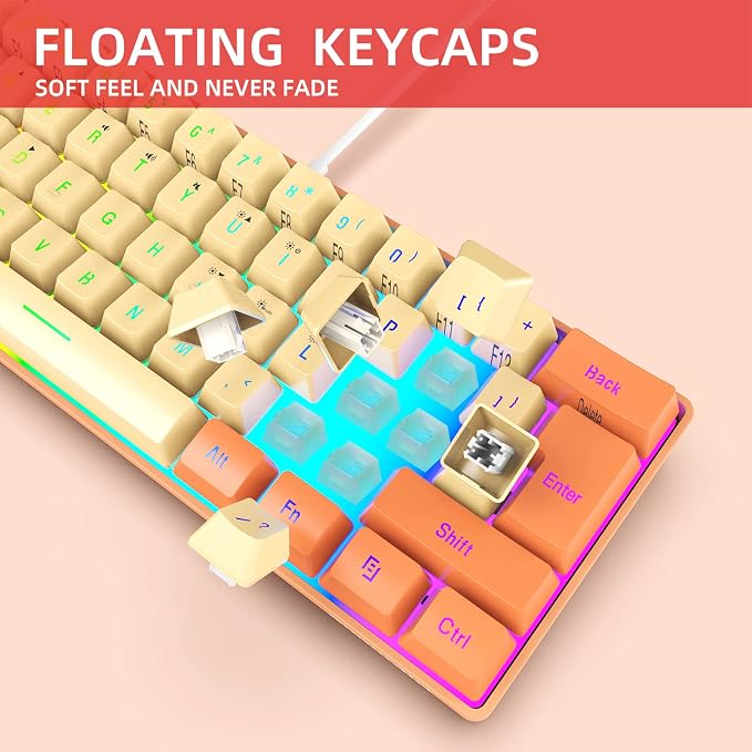 Snpurdiri 60% Wired Gaming Keyboard, RGB Backlit Ultra-Compact Mini Keyboard, Waterproof Mini Compact 61 Keys Keyboard for PC/Mac Gamer, Typist, Travel (Orange and Cream) | Backlit Ultra-Compact Mini Gaming Keyboard for PC/Mac Gamer, Typist, Travel