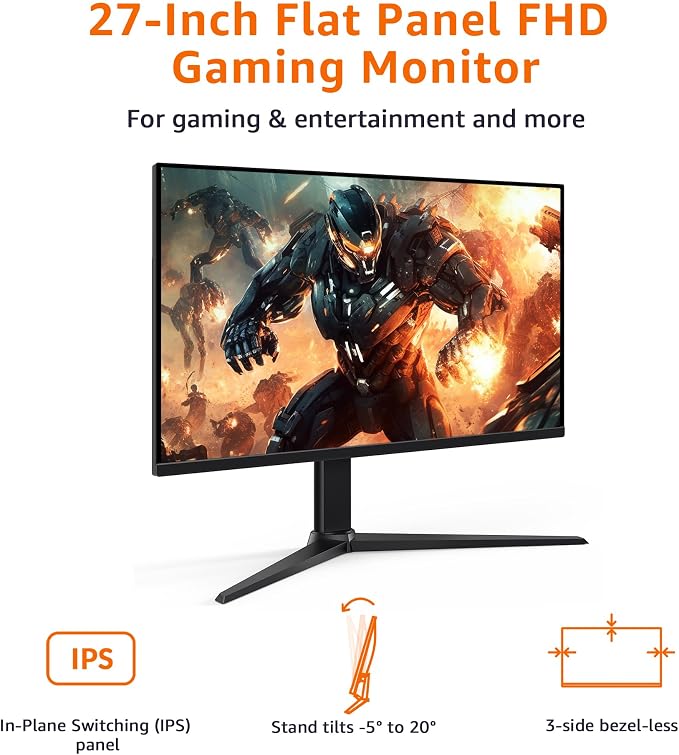 Amazon Basics 27 inch Gaming Monitor, FHD 1080P, 165Hz, VESA Compatible, Adaptive sync, 1ms Response, Black