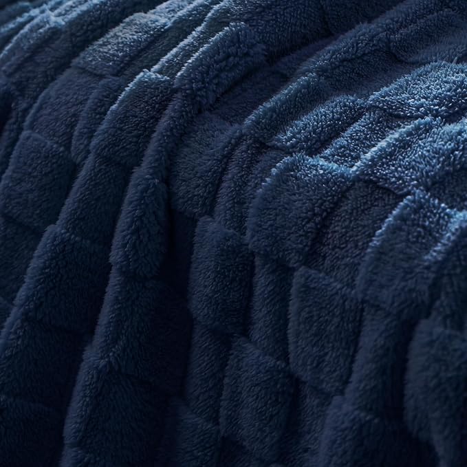 Exclusivo Mezcla 3D Checkered Fleece Queen Blanket for Bed, Navy Blue | Super Soft and Cozy Fluffy Blanket, Lightweight, Breathable, Decorative Blanket for Living Room, Bedroom, All Season, 90"x90"