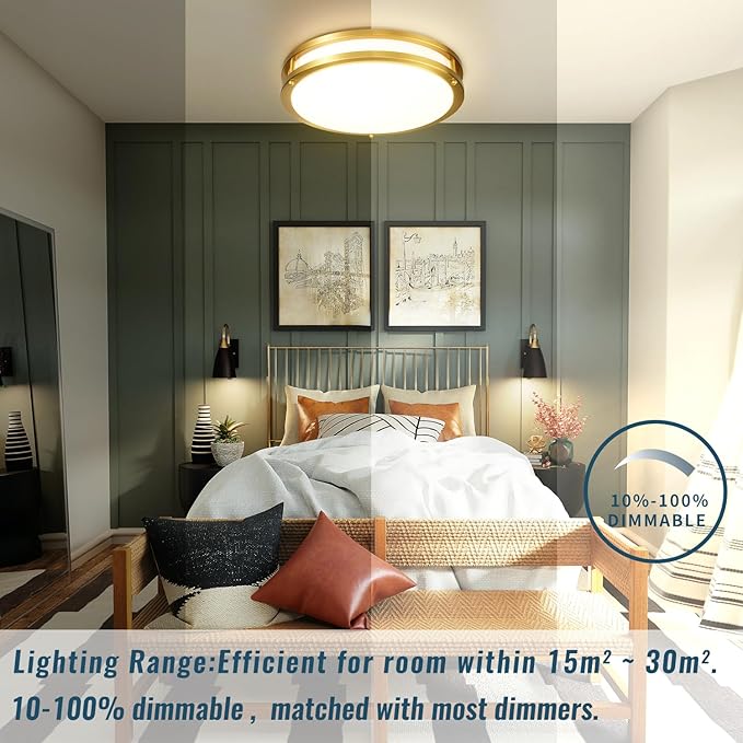 Gold Ceiling Light Fixture 24W, 12 inch LED Flush Mount Ceiling Light for Bedroom, Kitchen, Bathroom, Dimmable Close to Ceiling Light Fixture for Hallway 5CCT…