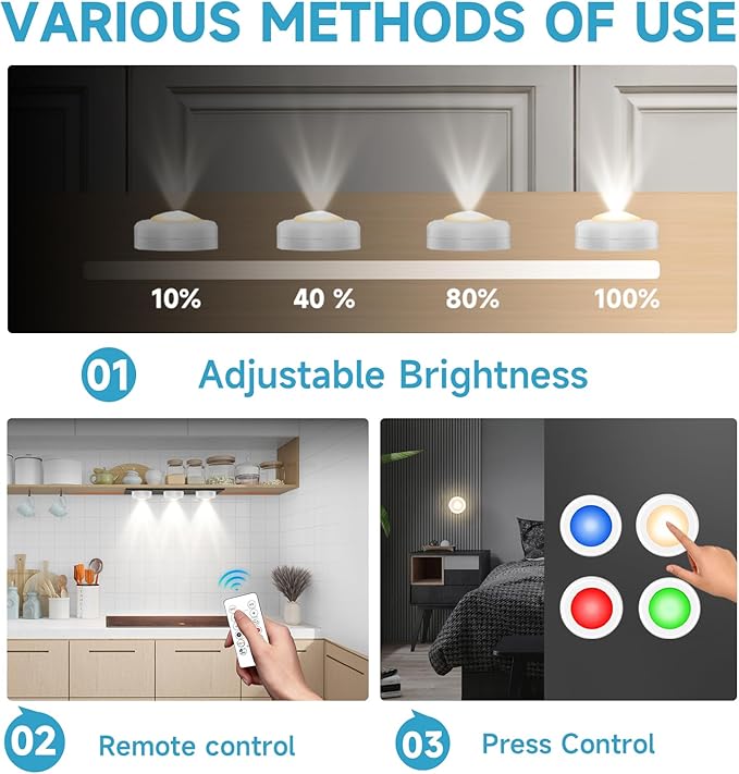LED Puck Lights with Remote Control, Wireless Under Cabinet Lighting,Color Changing Lights with Dimmer and Timer, AAA Battery Operated Powered Push Night Lights (3 Pack White)