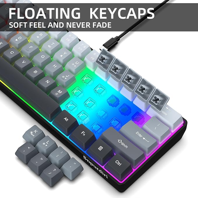 Snpurdiri 60% Wired Gaming Keyboard, 61 Keys RGB (Grey-Black) | Backlit Ultra-Compact Small Gaming Keyboard, for PC/Mac Gamer, Typist, Travel, Easy to Carry on Business Trip