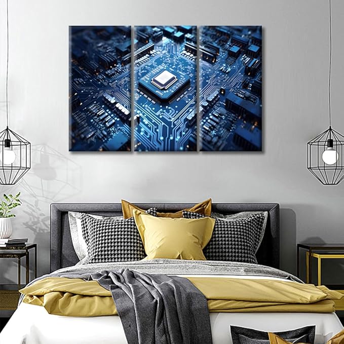 3 Pieces Circuit Board Pictures Pictures for Living Room Technology Blue AI Wall Art Prints on Canvas Chip Painting Modern Artwork Wall Decor for Bedroom Office Bathroom Decor Ready to Hang, (42"Wx28"H)