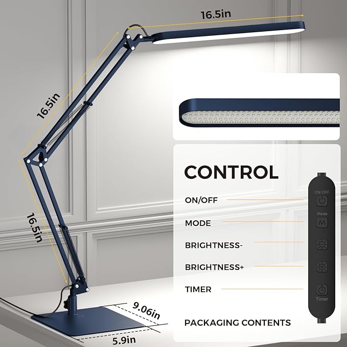 SKYLEO LED Desk Lamp with Slim Base - Adjustable Swing Arm Desk Light, Dimmable, Timer, Eye Protection, Memory Function, 1300LM, 12W, Blue