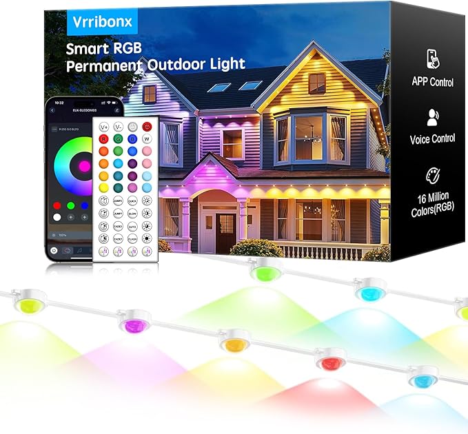 200FT Permanent Outdoor RGB Lights,IP65 Waterproof Smart LED Eaves Lights with App/Remote Control,for Christmas and All Holiday Decor,Daily and Accent Lighting,House Roof and Garden Lighting
