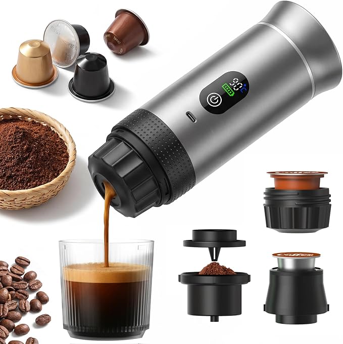 Portable Self-Heating Espresso Maker for Ground Coffee and Capsules | Rechargeable 80 ml travel coffee machine for camping, road trips and car use